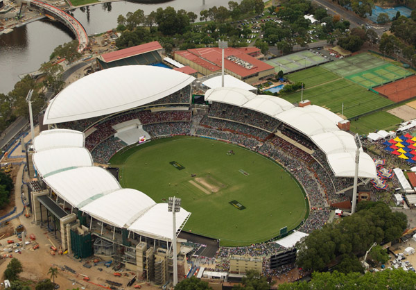 Aerial view of Adelaide Oval stadium and surrounding area, showcasing RISSafety's height safety solutions.