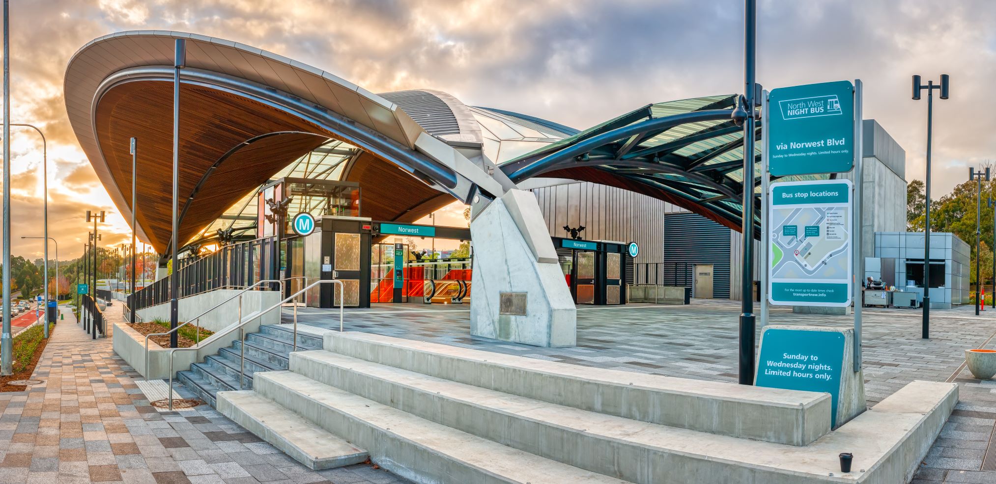 Sydney Metro North West station architecture and infrastructure, including Norwest Boulevard signage.