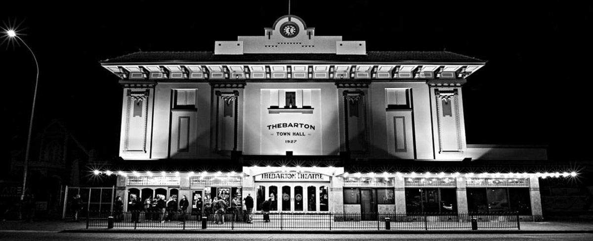 Thebarton Town Hall building, black and white image, showcasing RISSafety's expertise in architectural safety solutions.