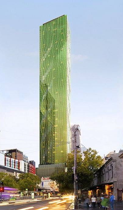RISSafety Victoria One project: tall building with green facade and urban surroundings.