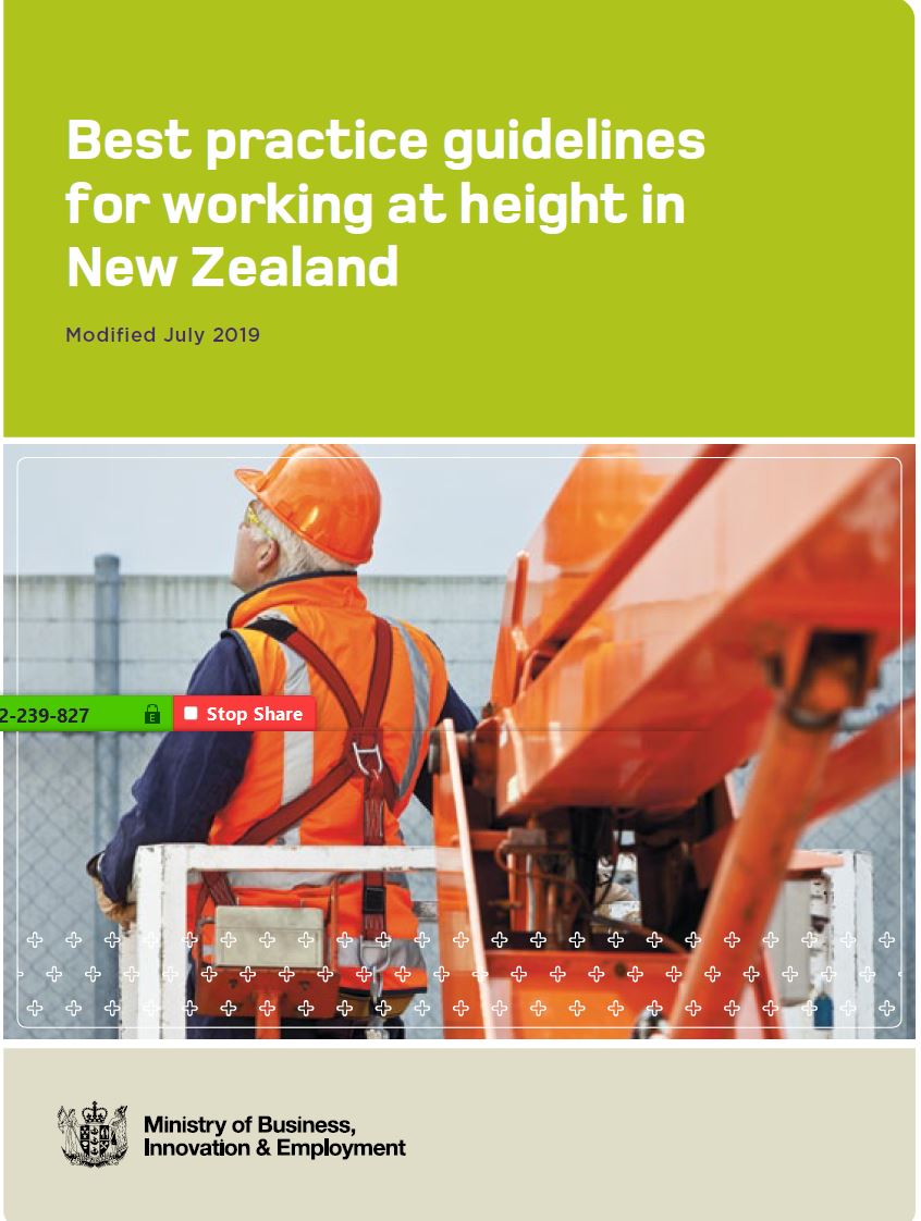 Best practice guidelines for working at height in New Zealand, featuring construction worker and safety equipment.