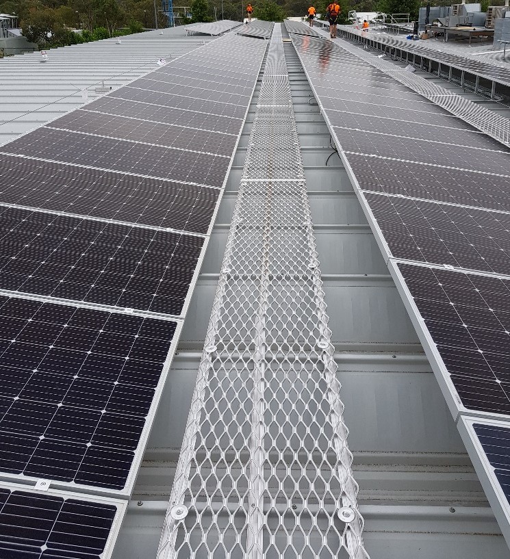 Commercial solar panels and height safety system on a rooftop.