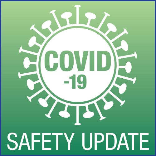 COVID-19 safety update graphic illustrating virus prevention in the workplace.