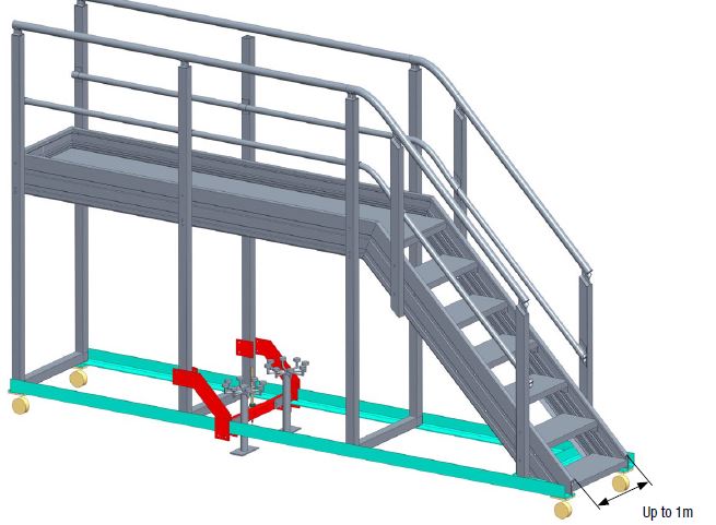 Mobile height safety access system with aluminium frame and stairs.