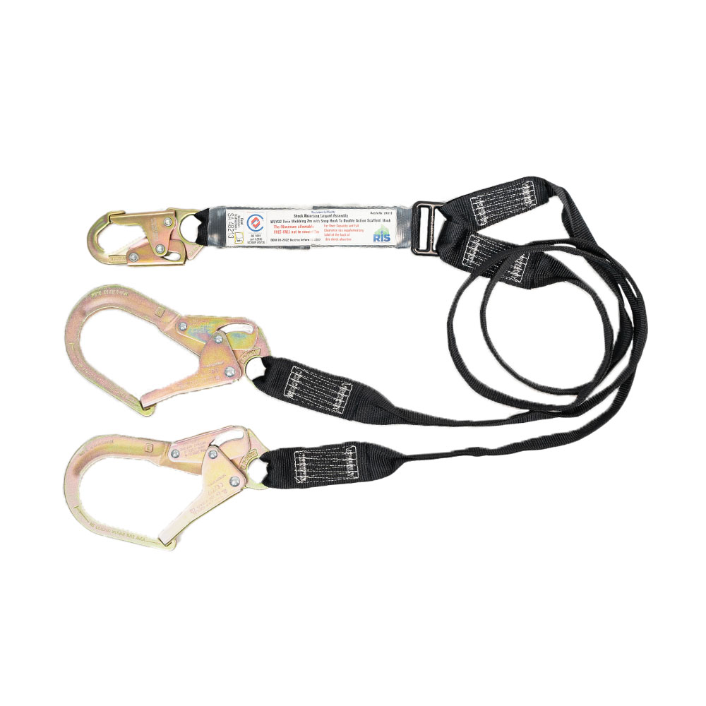 RISSafety Twin Lanyard with Scaffold Hooks and shock absorber for safety at height.
