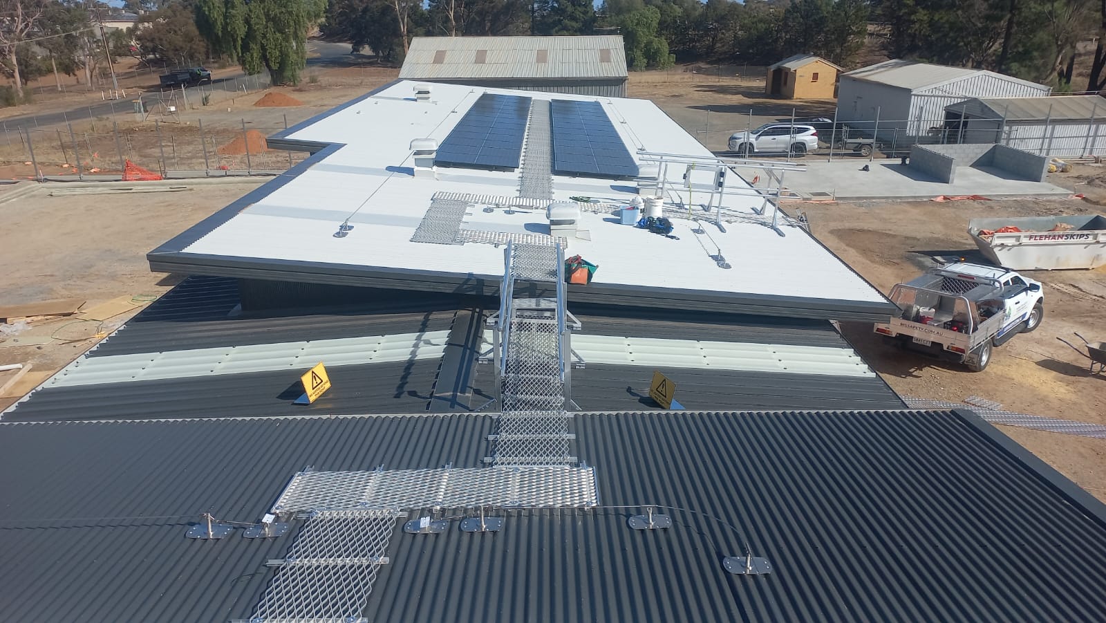 Gawler SES Operations Building roof with installed roof safety system and solar panels.